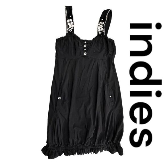 Indies Womens Floral Applique Wide Strap Ruffle Sleeveless Mini Dress Black Sz 1 - Picture 1 of 9